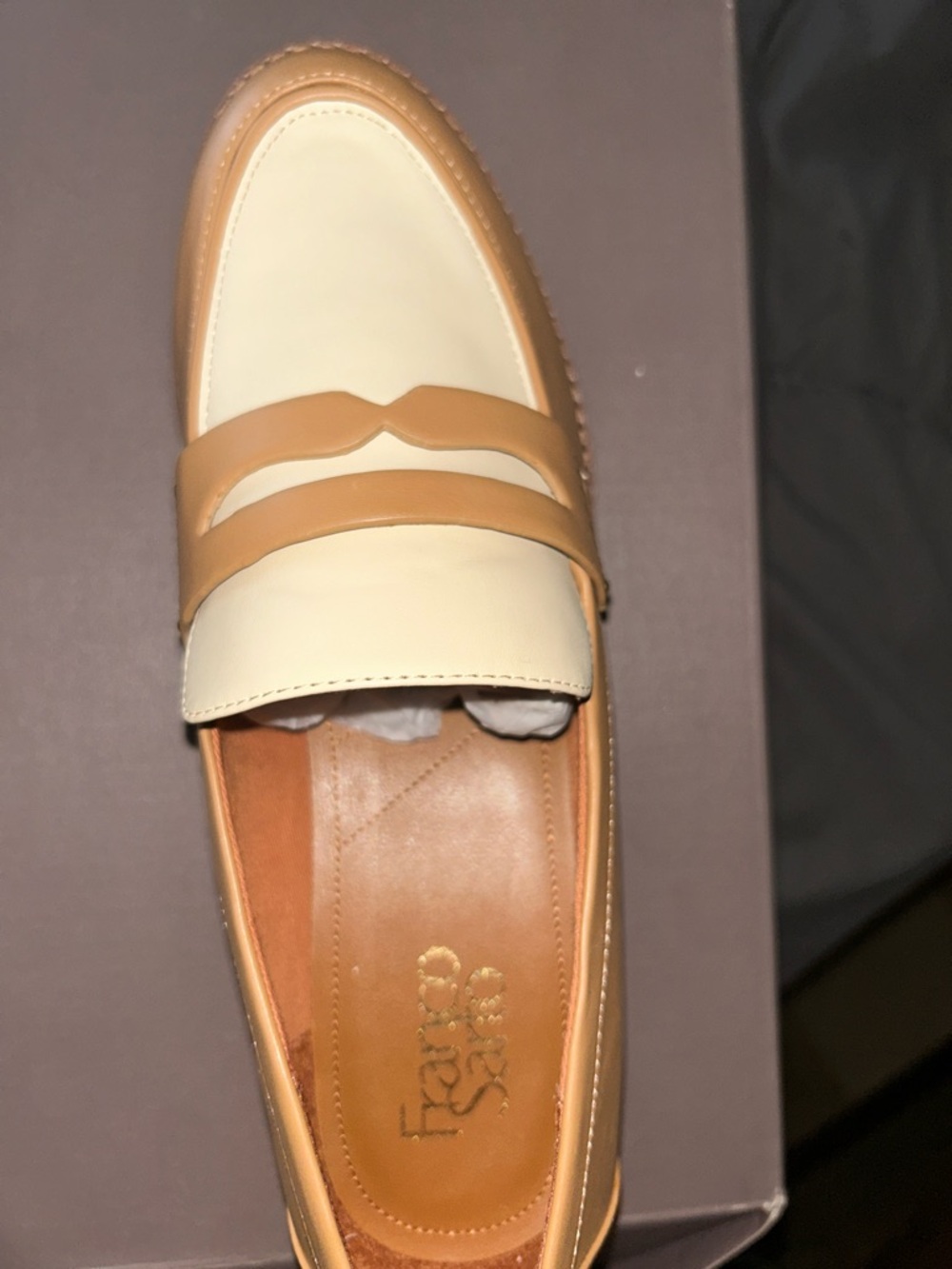 Franco Sarto Two-Tone Cream and Tan Penny Loafer